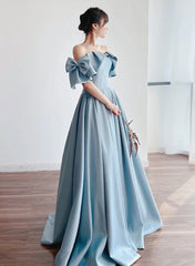 Blue Satin Off Shoulder Long Prom Dress with Bow
