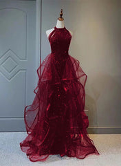 Wine Red Sequins and Tulle Halter Long Prom Dress