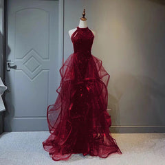 Wine Red Sequins and Tulle Halter Long Prom Dress