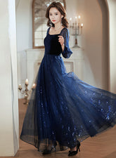 Navy Blue Tulle and Velvet Long Sleeves Party Dress
