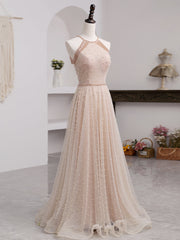 Vestido de noche formal largo con cuello halter de tul con cuentas rosas