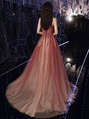 Hermoso vestido de fiesta de tul brillante con cuentas en degradado rojo