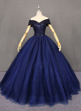 Vestido de fiesta de tul azul marino con cuentas para quinceañeras