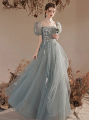 Light Green Short Sleeves Tulle Floor Length Party Dress
