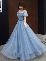 Blue Tulle Short Sleeves Long Party Dress