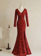 Wine Red Sequins Mermaid Long Sleeves Party Dress