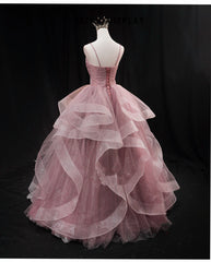Vestido de noche largo de tul con escote en forma de corazón rosa