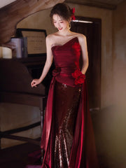 Wine Red Satin and Sequins Long Strapless Party Dress