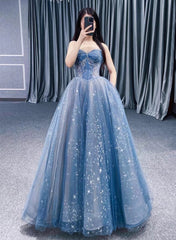Blue Straps Beaded Tulle A-line Long Party Dress