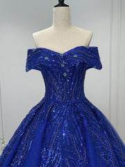 Vestido formal largo de tul y cuentas en color azul