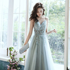 Beautiful Grey V-neckline Straps Beaded Slit Long Prom Dress