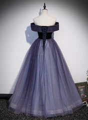 Vestido de fiesta largo con hombros descubiertos y tul degradado morado