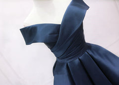 Vestido de dama de honor de satén azul marino con hombros descubiertos y vestido de fiesta