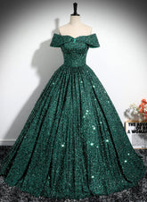 Dark Green Sequins Off Shoulder Ball Gown Prom Dress
