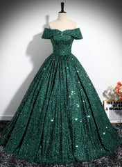 Dark Green Sequins Off Shoulder Ball Gown Prom Dress
