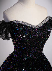 Black Sequins Off Shoulder Beaded Party Dress