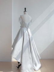 Grey Satin with Lace Off Shoulder High Low Homecoming Dress