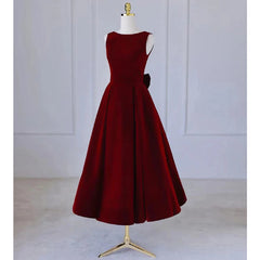 Wine Red Tea Length Velvet Party Dress with Bow