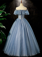 Vestido de fiesta largo con cuentas y hombros descubiertos en azul brillante