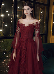 Vestido de fiesta largo de tul rojo vino con apliques de encaje