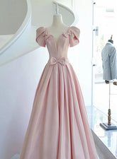 Pink Satin Long Short Sleeves Prom Dress Party Dress