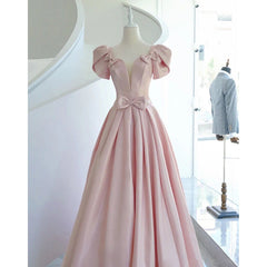 Pink Satin Long Short Sleeves Prom Dress Party Dress
