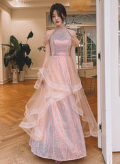 Vestido de noche largo rosa de tul y lentejuelas de corte A