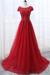 Elegant Red Tulle Long Prom Dress with Lace Applique