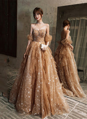 Champagne A-line Tulle Beaded Off Shoulder Prom Dress