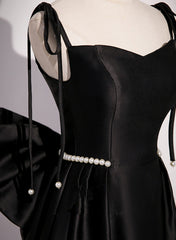 Black Satin Sweetheart Long Prom Dress with Bow