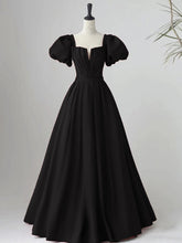 Black Satin Puffy Sleeves Long Evening Party Dress