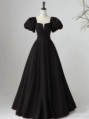 Black Satin Puffy Sleeves Long Evening Party Dress