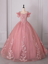 Vestido de fiesta de tul rosa con apliques de encaje para quinceañeras