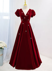 Vestido de fiesta de terciopelo con escote en V rojo vino