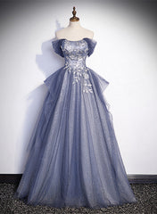 Blue-Grey Long A-line Off Shoulder Party Dress
