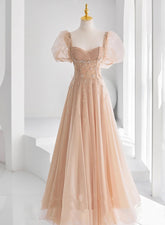 Chamapgne Beaded Short Sleeves Tulle A-line Prom Dress