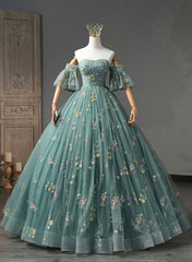 Vestido formal largo con hombros descubiertos y estampado floral verde