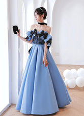 Blue Satin Off Shoulder Black Lace Long Party Dress