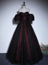 A-line Black and Red Lace Sweetheart Evening Dress