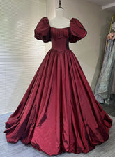 Vestido formal largo de manga corta de tafetán rojo vino