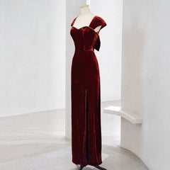 Charming Wine Red Velvet Cap Sleeves Long Party Dress