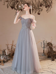 Grey Beaded Sweetheart Tulle A-line Off Shoulder Evening Dress