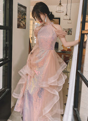 Vestido de noche largo rosa de tul y lentejuelas de corte A
