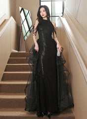 Black Halter Sequins and Tulle Long Party Dress