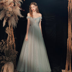 Off Shoulder Sweetheart Tulle Shiny Tulle Long Formal Dress