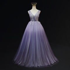 Vestido formal con apliques de encaje degradado de tul morado claro