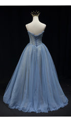 Blue Straps Beaded Tulle A-line Long Party Dress
