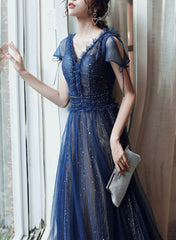Vestido de fiesta azul marino de corte A, manga corta y escote en V