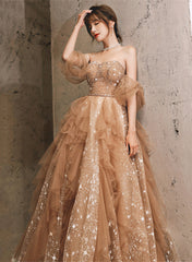 Champagne A-line Tulle Beaded Off Shoulder Prom Dress