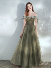 Green Off Shoulder Tulle Long Junior Prom Dress